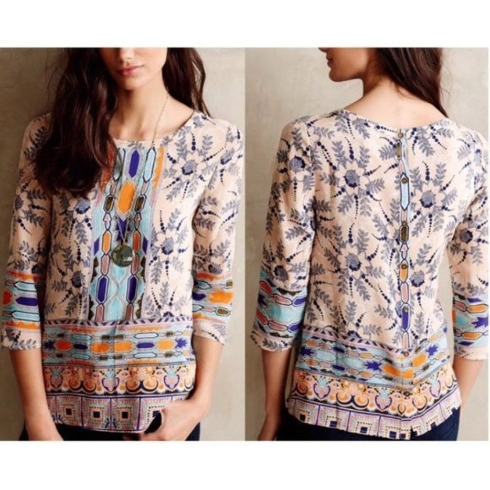 Maeve Sz 4 Floral 100% Silk 3/4 Sleeve Back Button Up Tunic Blouse